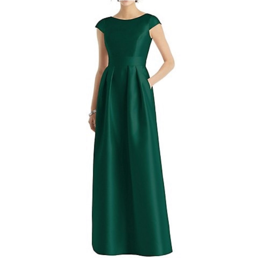Alfred Sung - Green Satin Dress - Cap Sleeve Pleat Skirt - Size 2